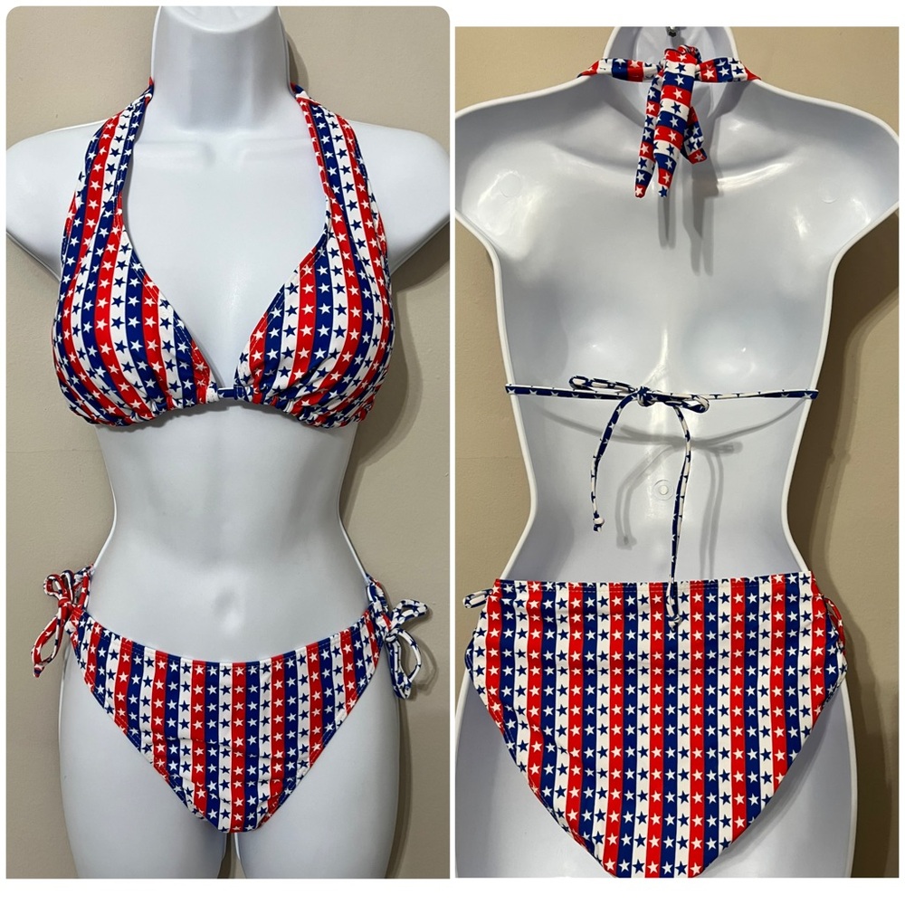 American Flag Star Stripes Halter Tie Sides Bikini Set